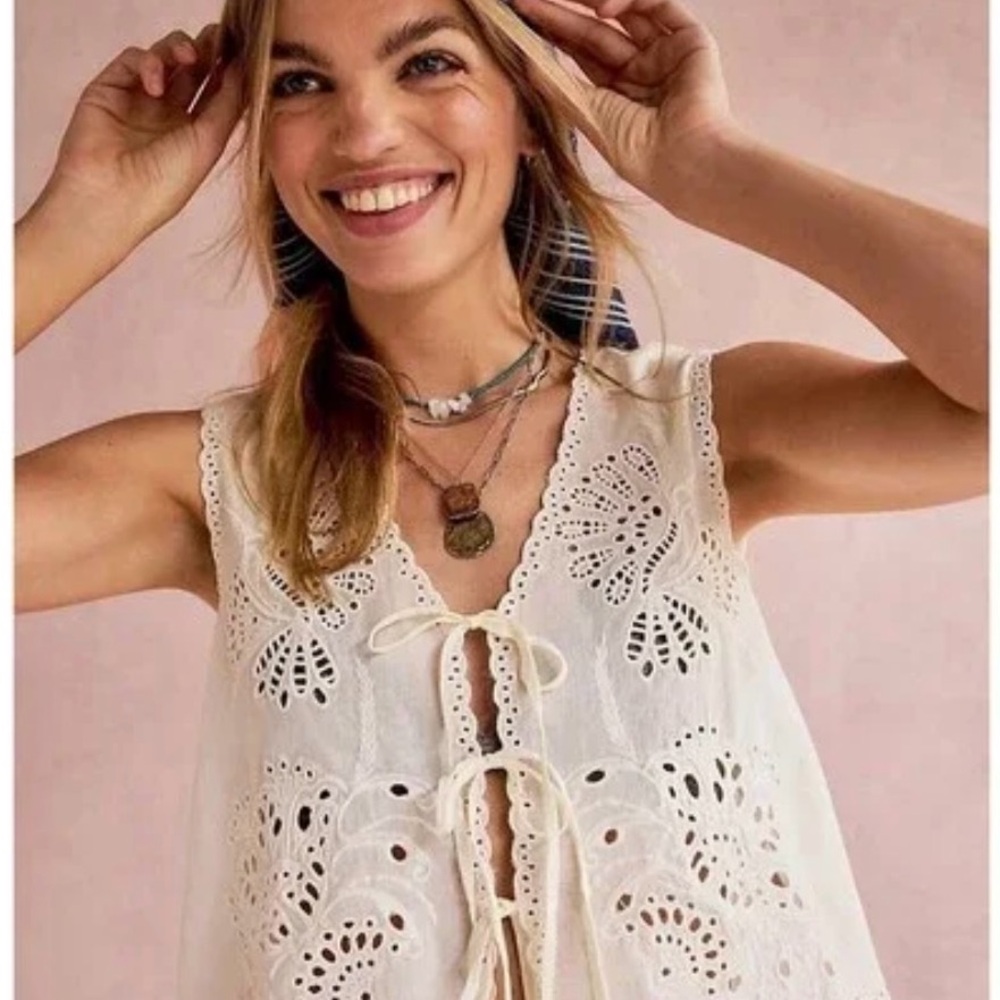 Free People Sweet Escape Embroidered Tie Front Top